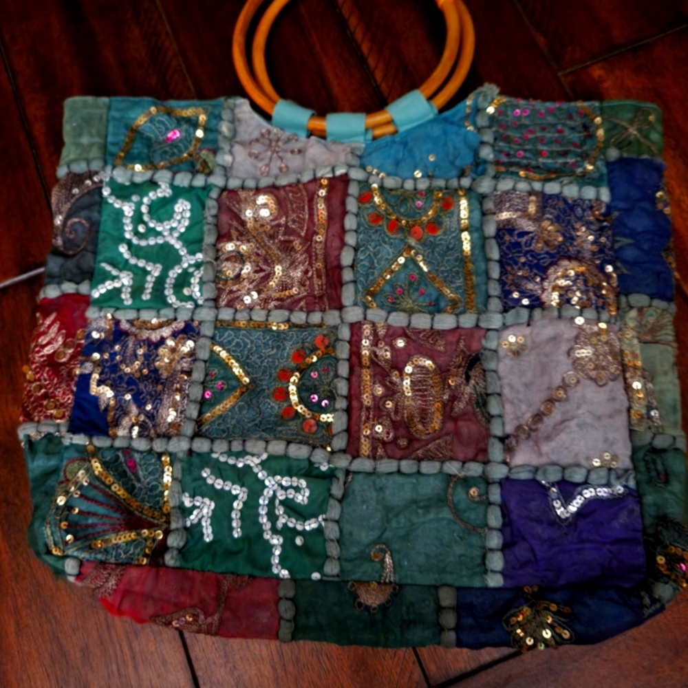 Patchwork sequin purse bamboo handles